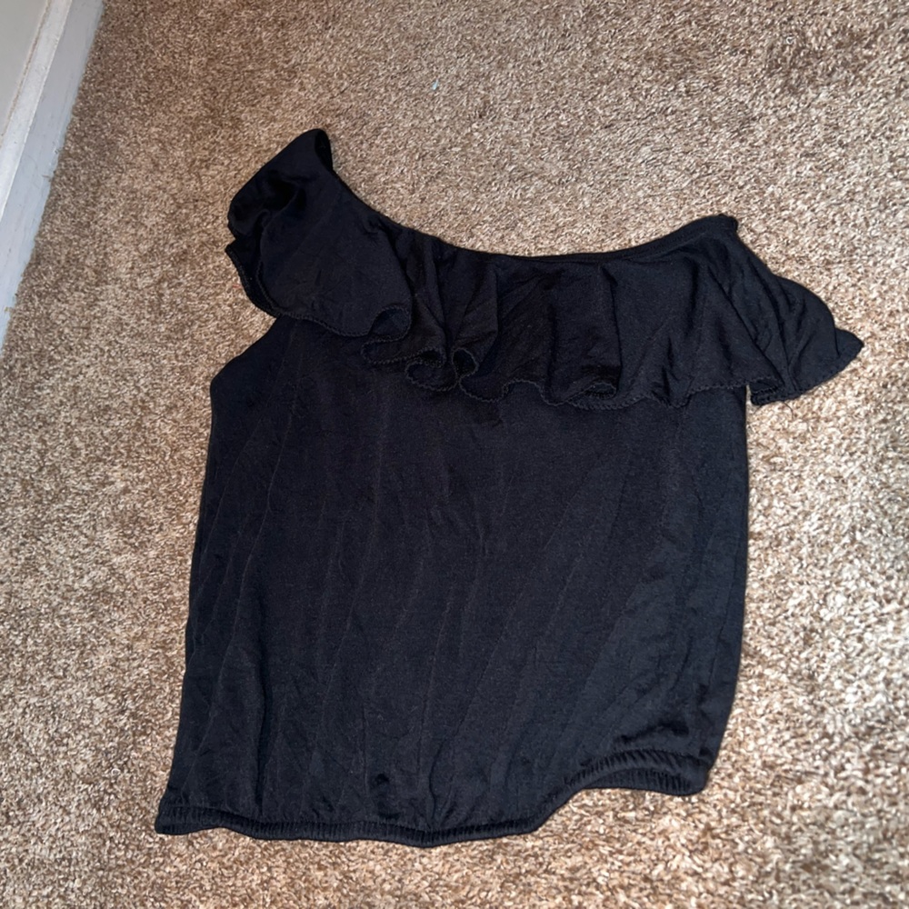 Off the shoulder, ruffled black dress top